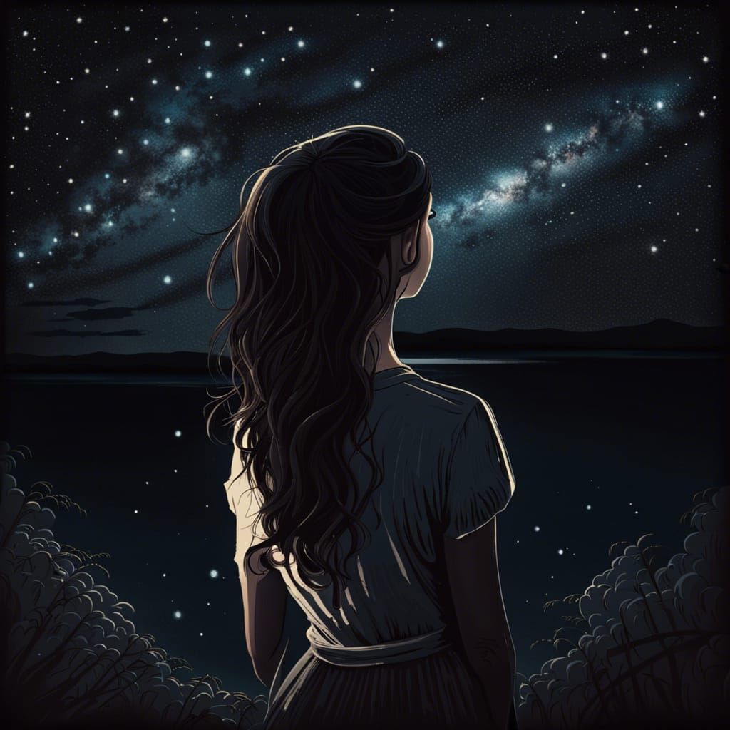 Brunette Woman Contemplates Love Under Night Sky