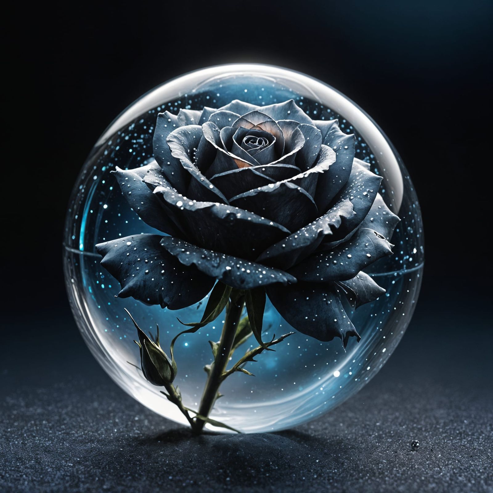 Silver and Black Rose in Floating Orb