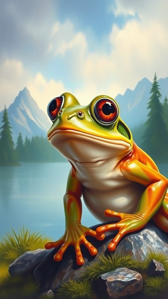 Surprised Frog in Bob Ross Style Landscape