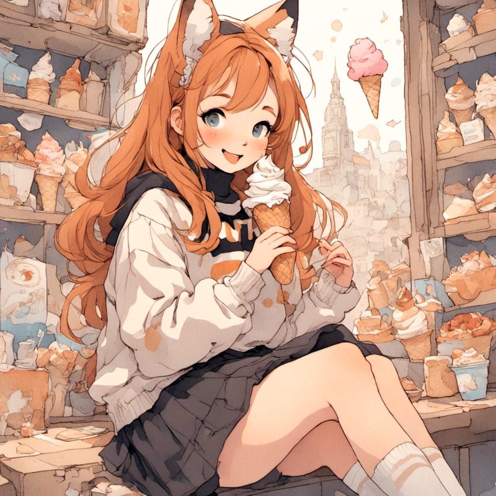Fox-girl VIXEN wearing a 1970 jumper dress, knee high socks, loafer shoes, smiling big, eating a ice-cream cone.