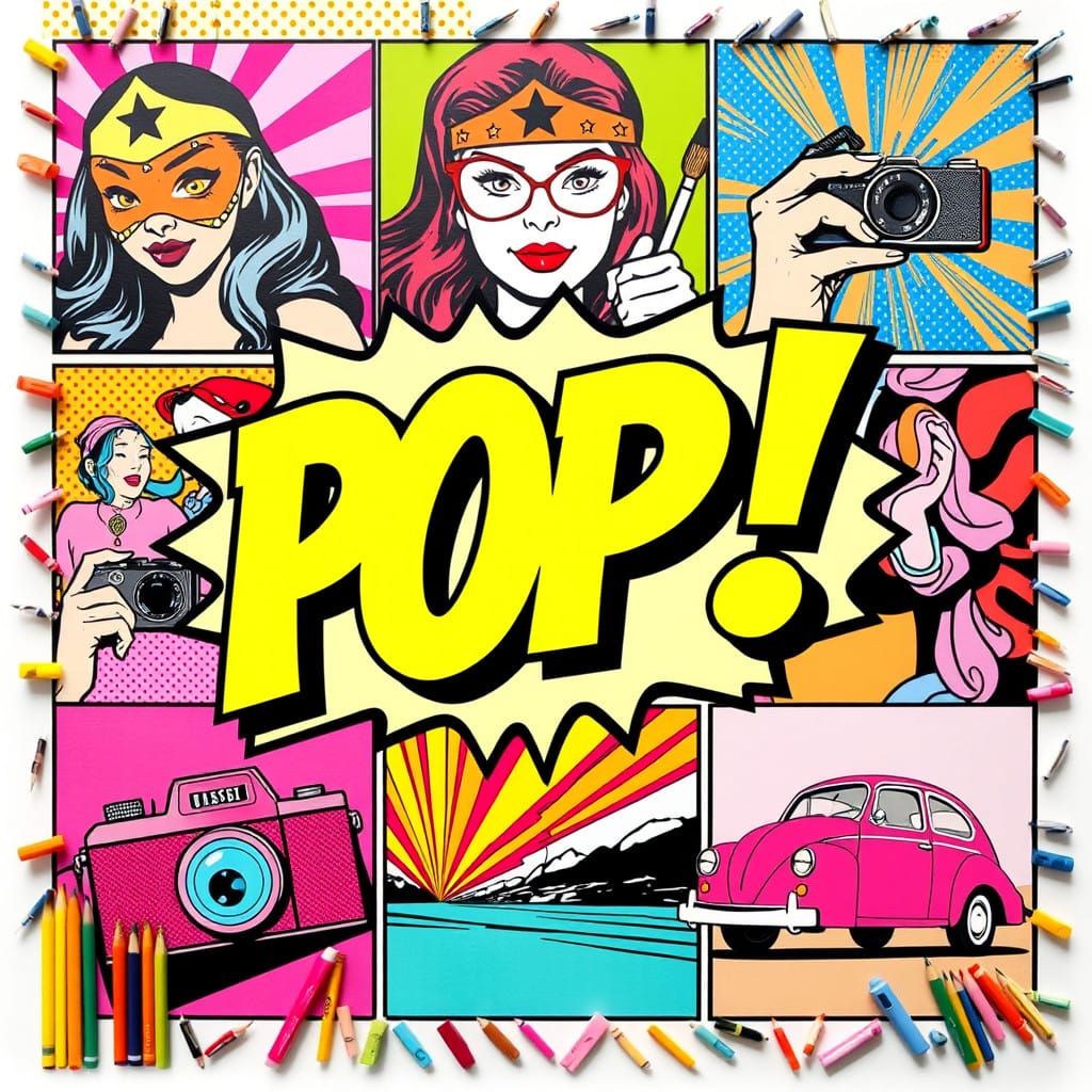 Vibrant Pop Art Collage with Comic Book Panels and Bold Colo...