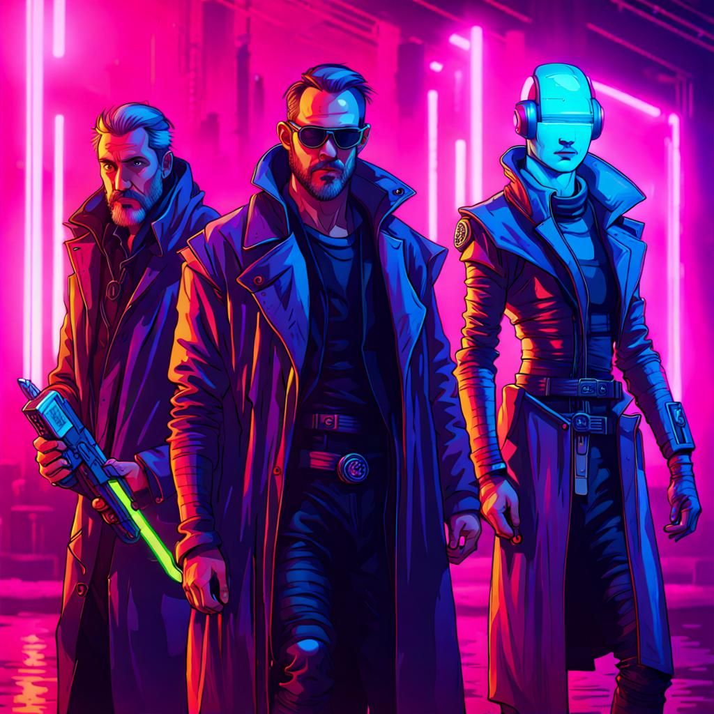 Medieval Sci-fi Fusion wizards using technology. cyberpunk 2099 blade runner 2049 neonsynthwave neon retro