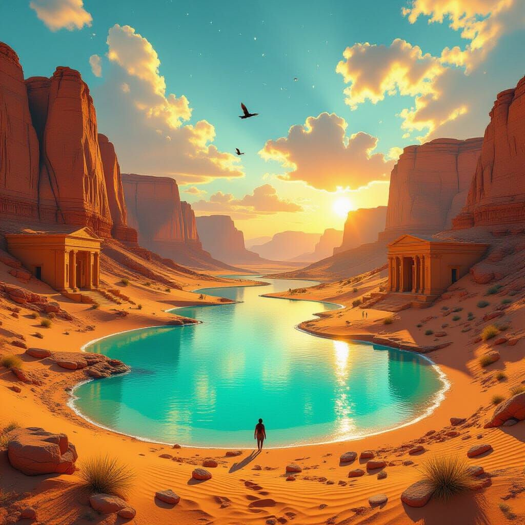Desert Landscape with Turquoise Lagoon at Golden Hour