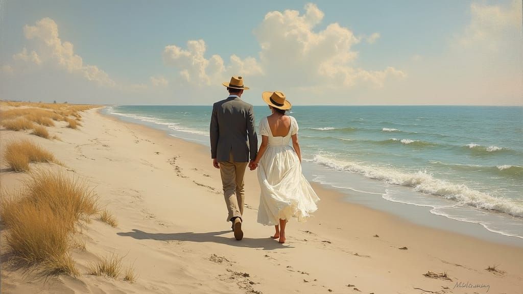 Couple on Windswept Beach in Danish Golden Age Style