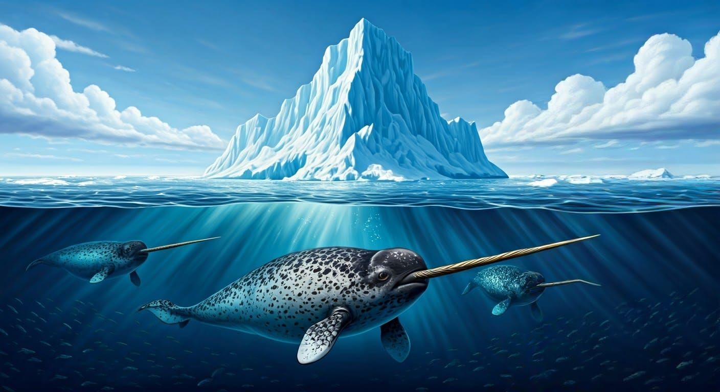Majestic Narwhals in Arctic Waters, Detailed Realistic Paint...