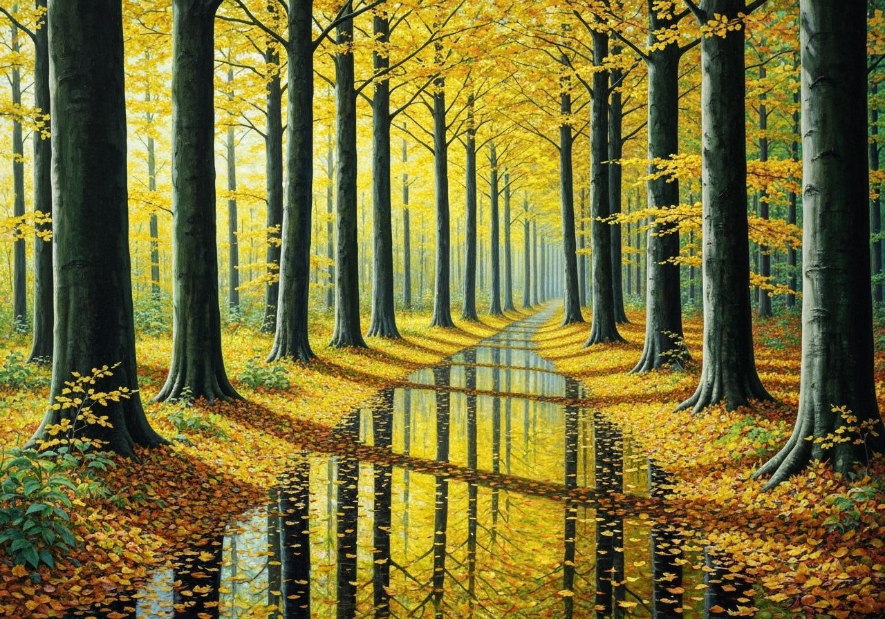 Hyper-Realistic Forest Path with Yellow Autumn Leaves