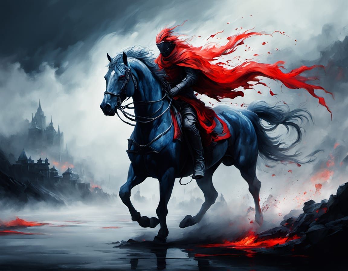 Dark Horse Rider Charges Flaming Palace in Ink Painting Styl...