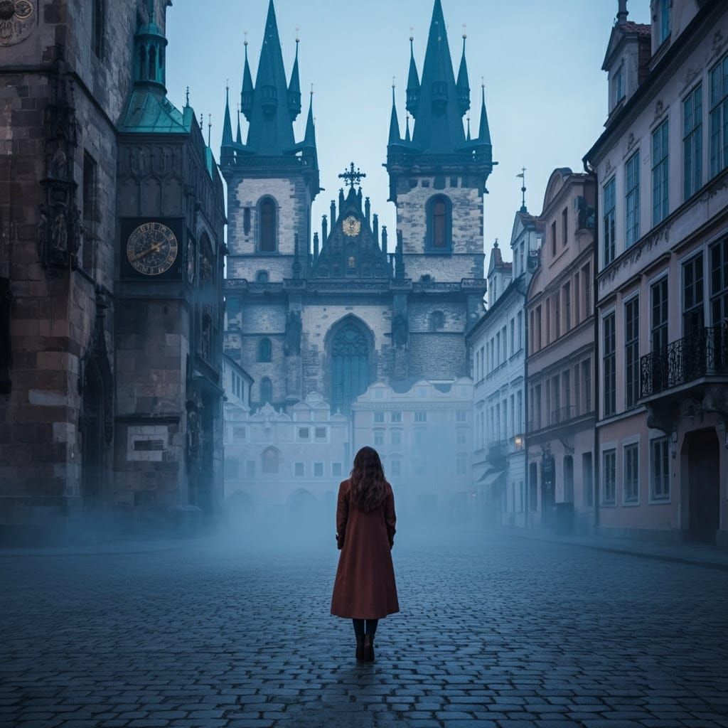 Ethereal Cityscape with a Woman Lost in Thought