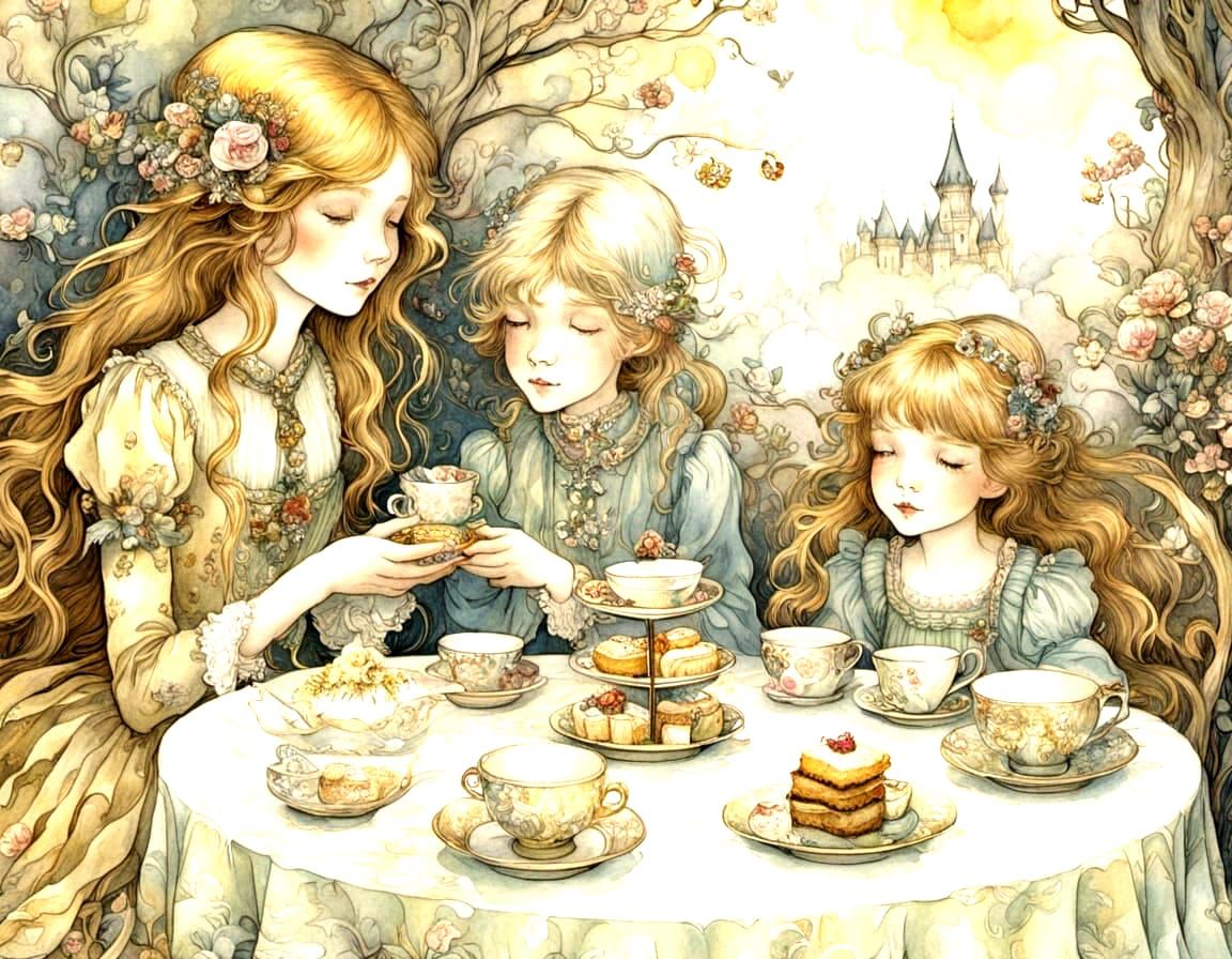 Colorful Arthur Rackham Style Afternoon Tea