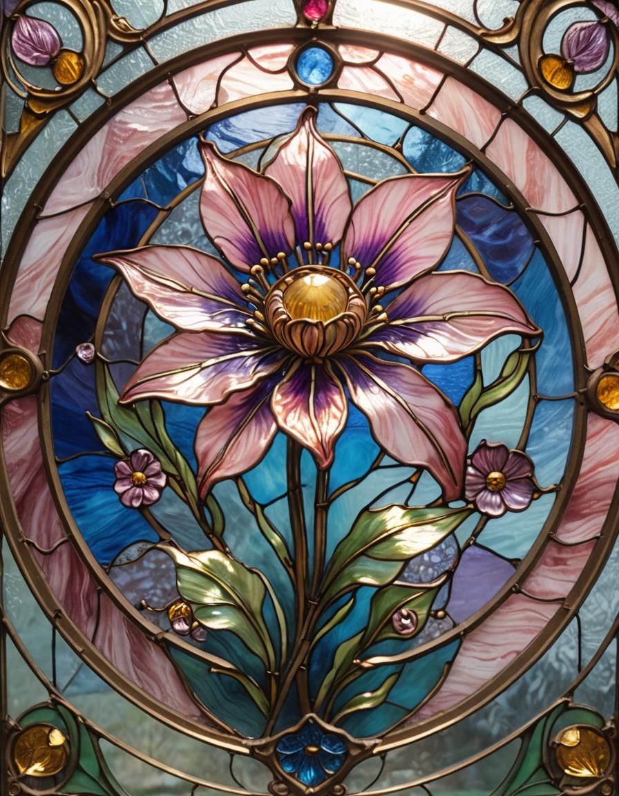 Stained Glass Pink Flower in Art Nouveau Style