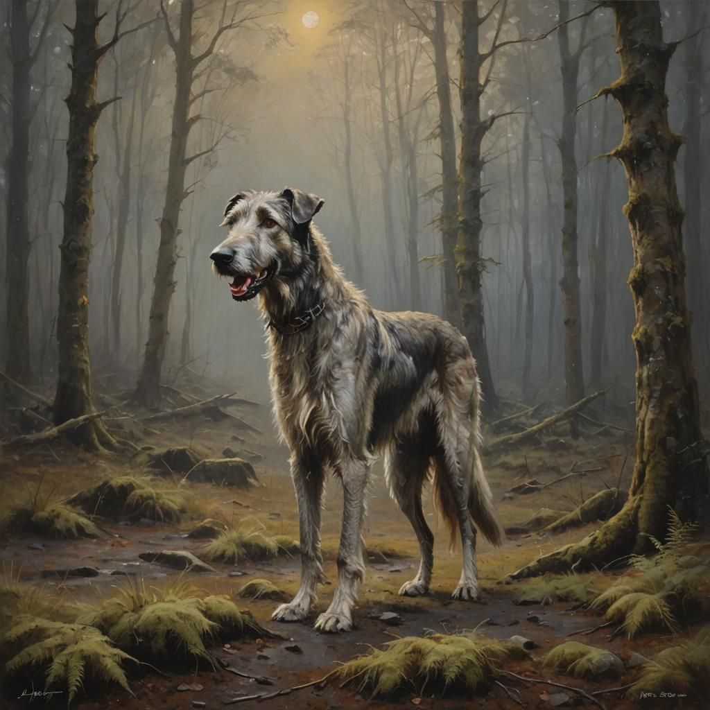 Majestic Wolfhound in Moonlit Forest, as Impressionist Oil P...