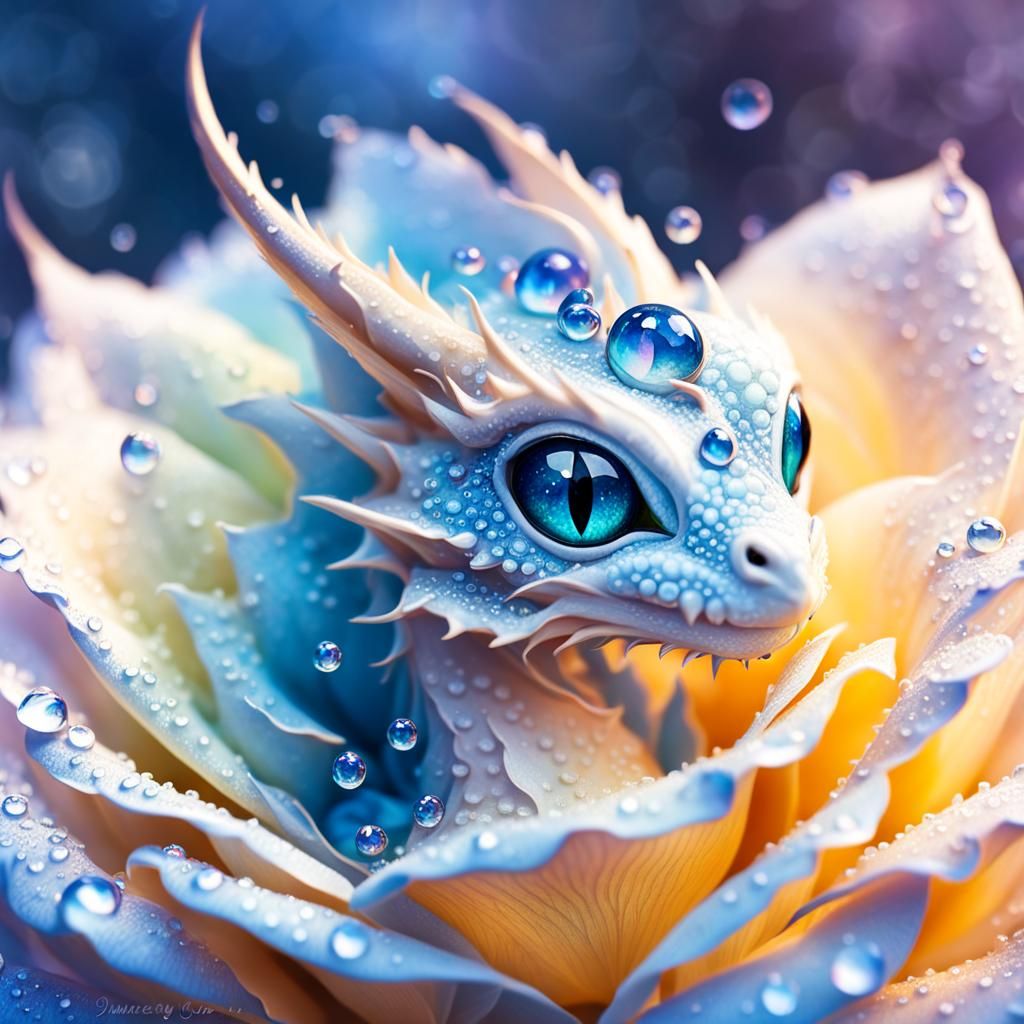 Dragon in Blue Rose: Whimsical Watercolor Concept Art