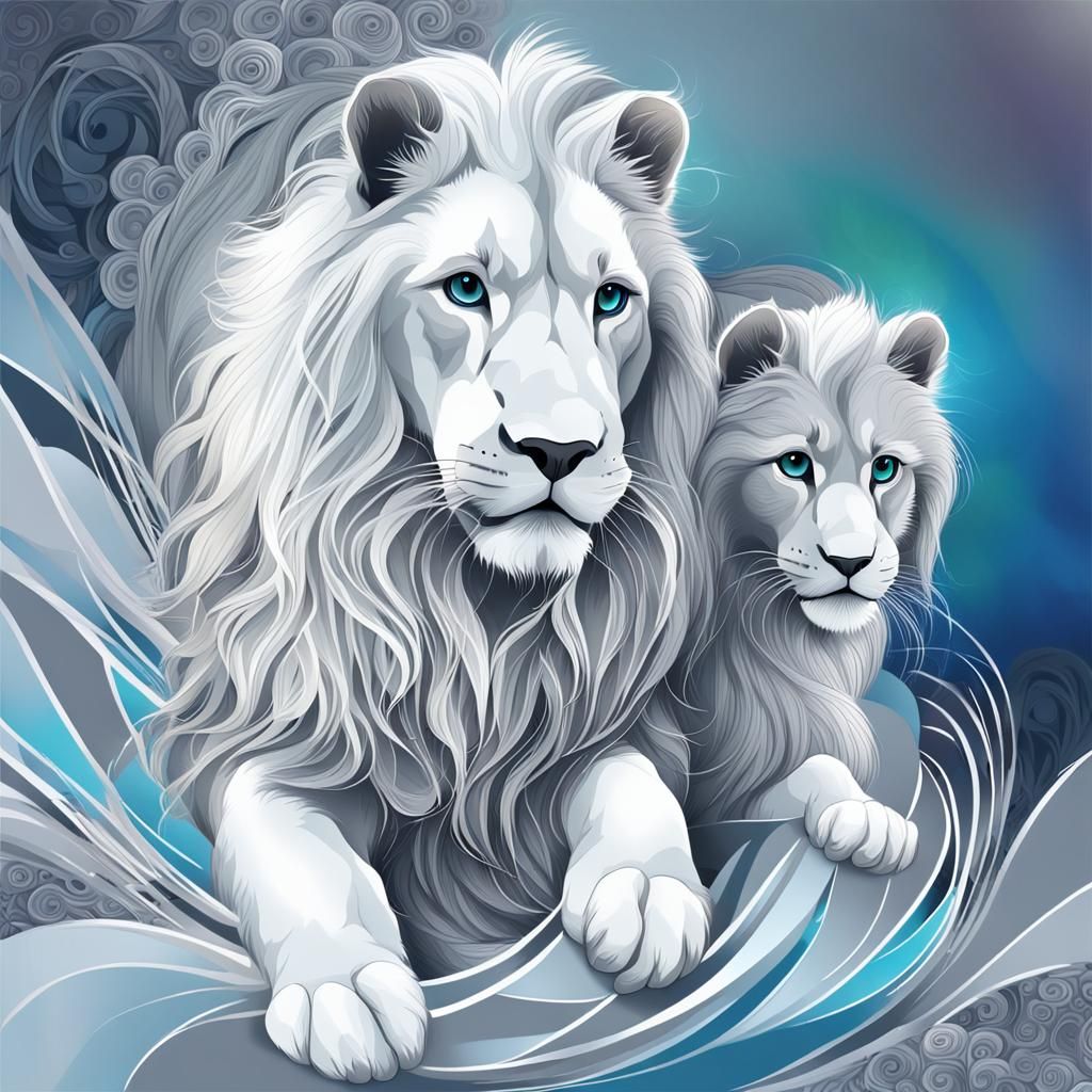 2 Adorable ""Large grey and ash-white colored lion