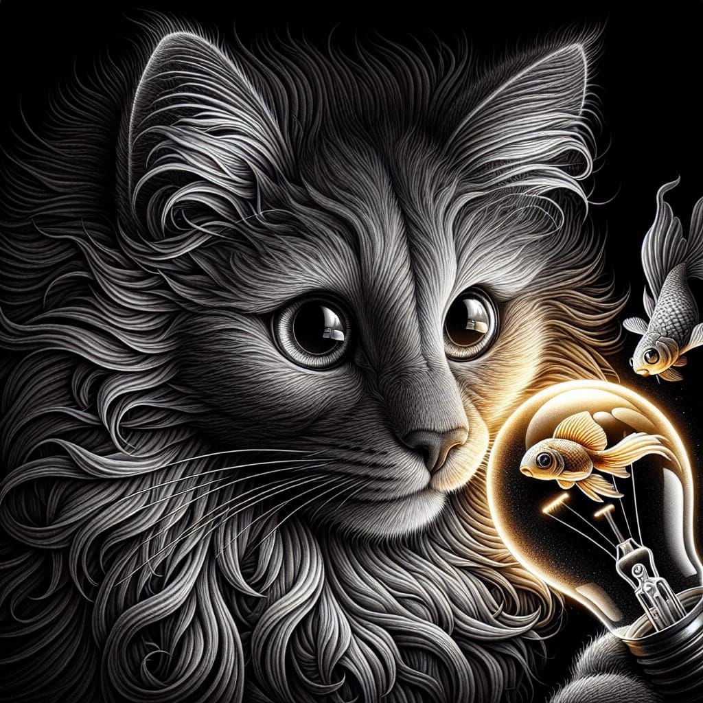 Whimsical Digital Painting of Majestic Cat Staring at Enchan...