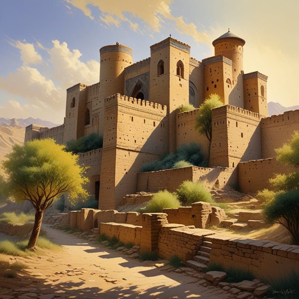 Ancient Samarkand Fortress in Vibrant Oil Painting