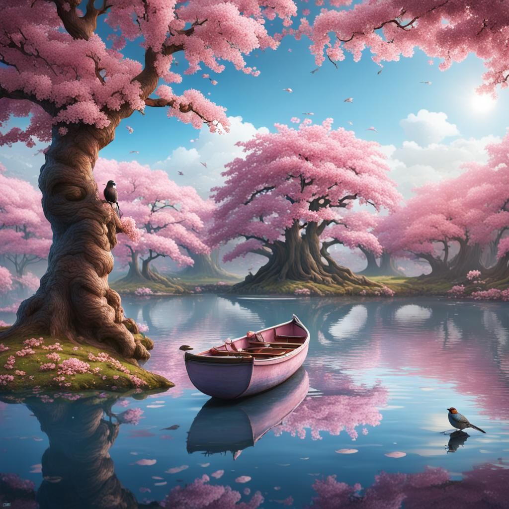 Cherry Blossom Tree Frames Lake in Fantasy Concept Art