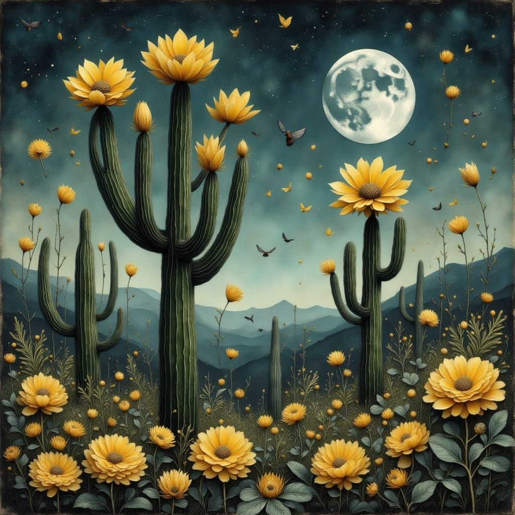 Neo Surreal Landscape With Blooming Cacti Under Full Moon