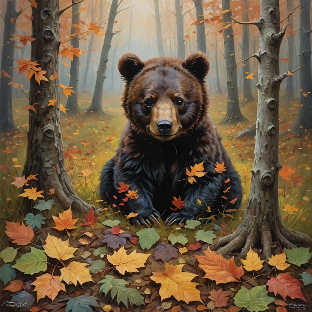 Baby Bear in Mystical Autumn Meadow, Fantasy Art