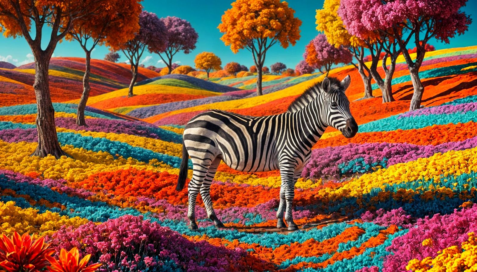 Striped Zebra in Vibrant Fantasy Landscape