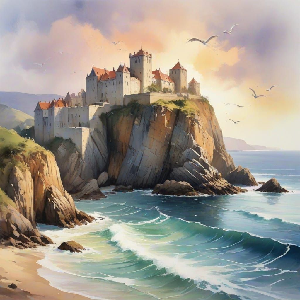 Ancient Castle by the Sea Watercolor Painting