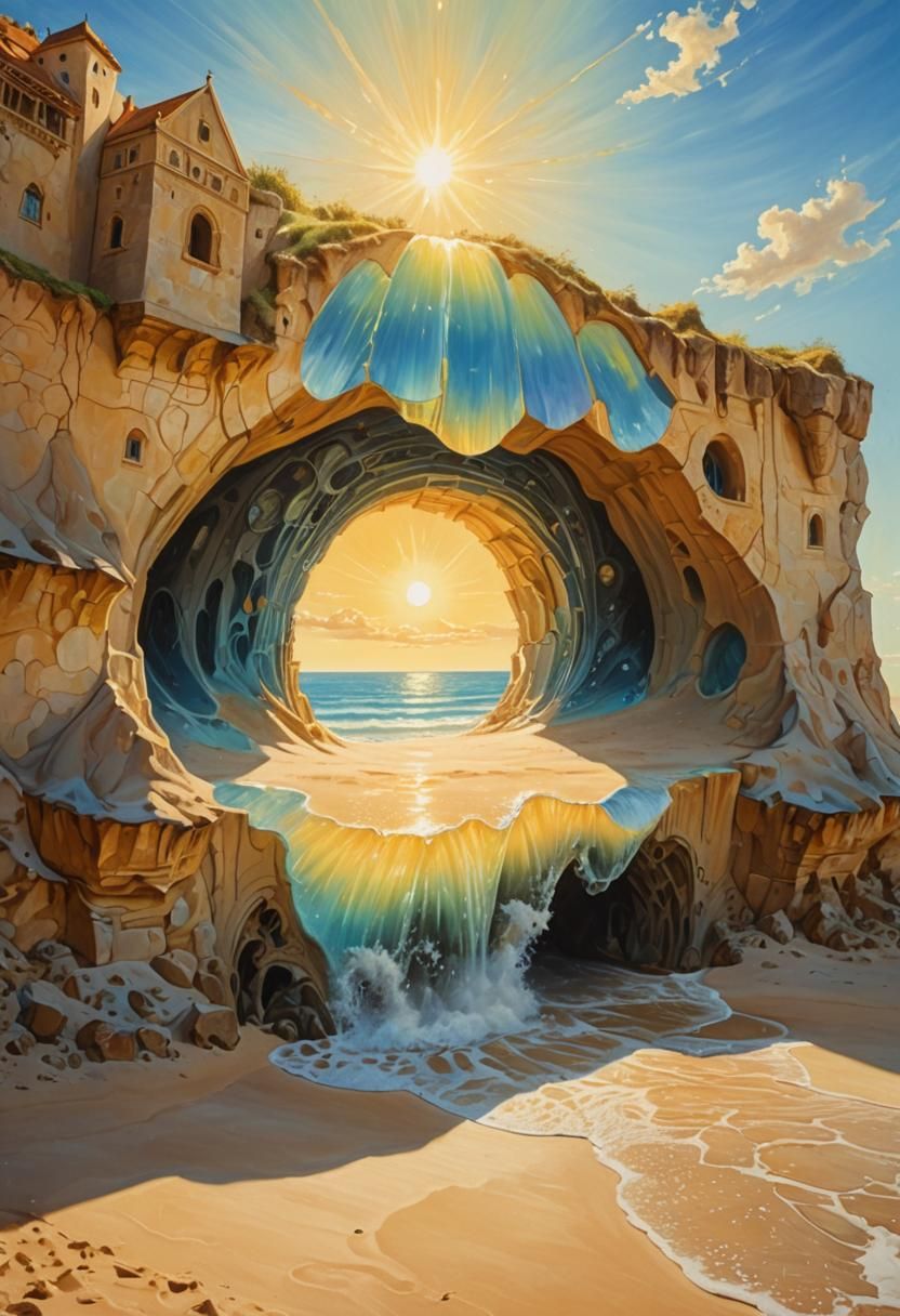 Surreal Sandcastle Cave Portal in Oil Painting Style