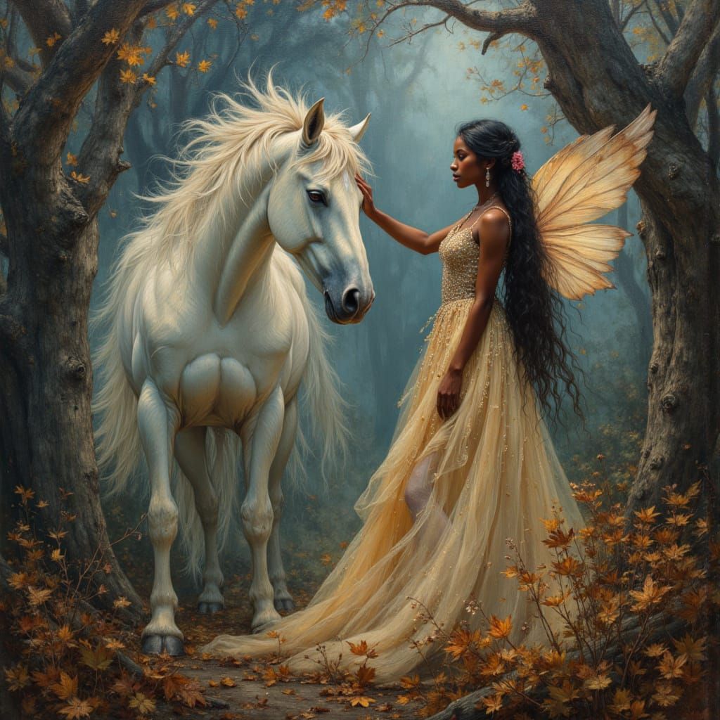 African American Model with Unicorn in Ethereal Autumn Fores...