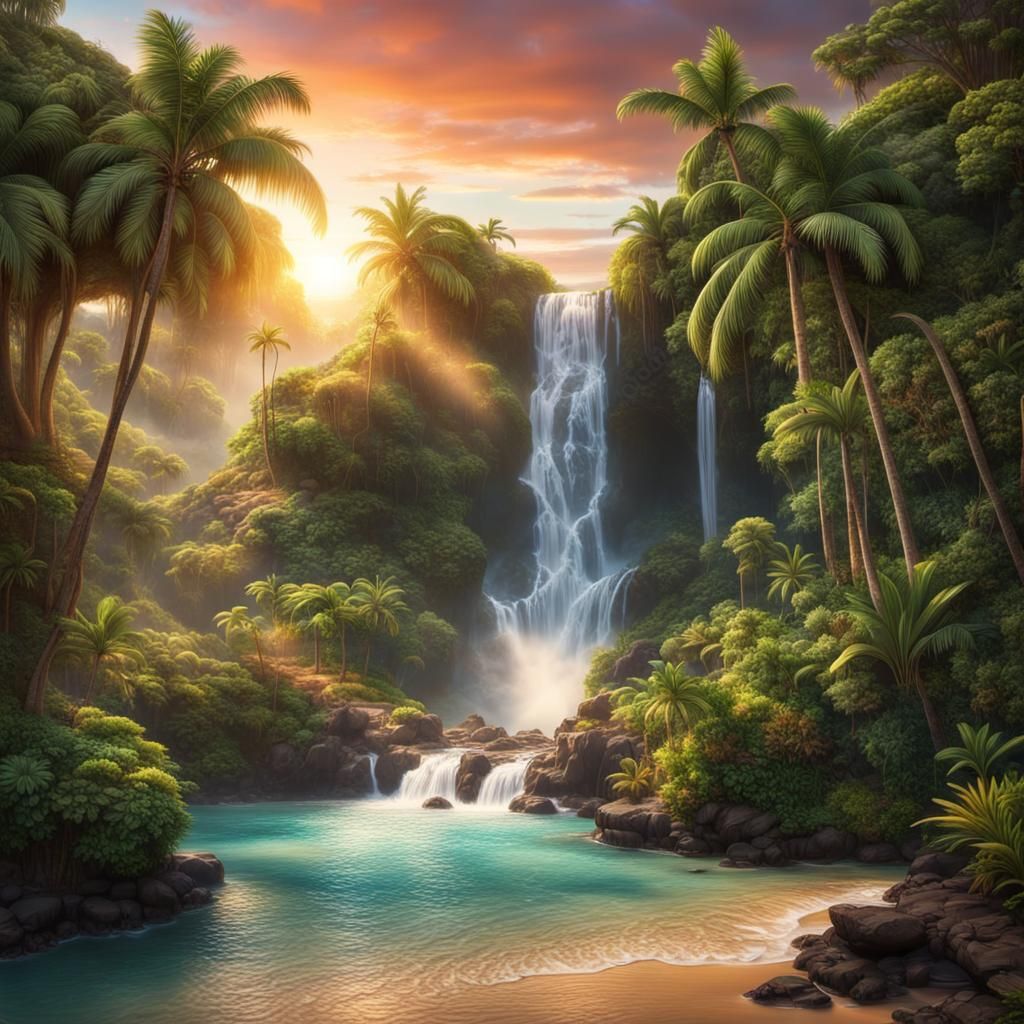Beautiful Island Oasis With Crystal Clear Waterfalls Around Sunset