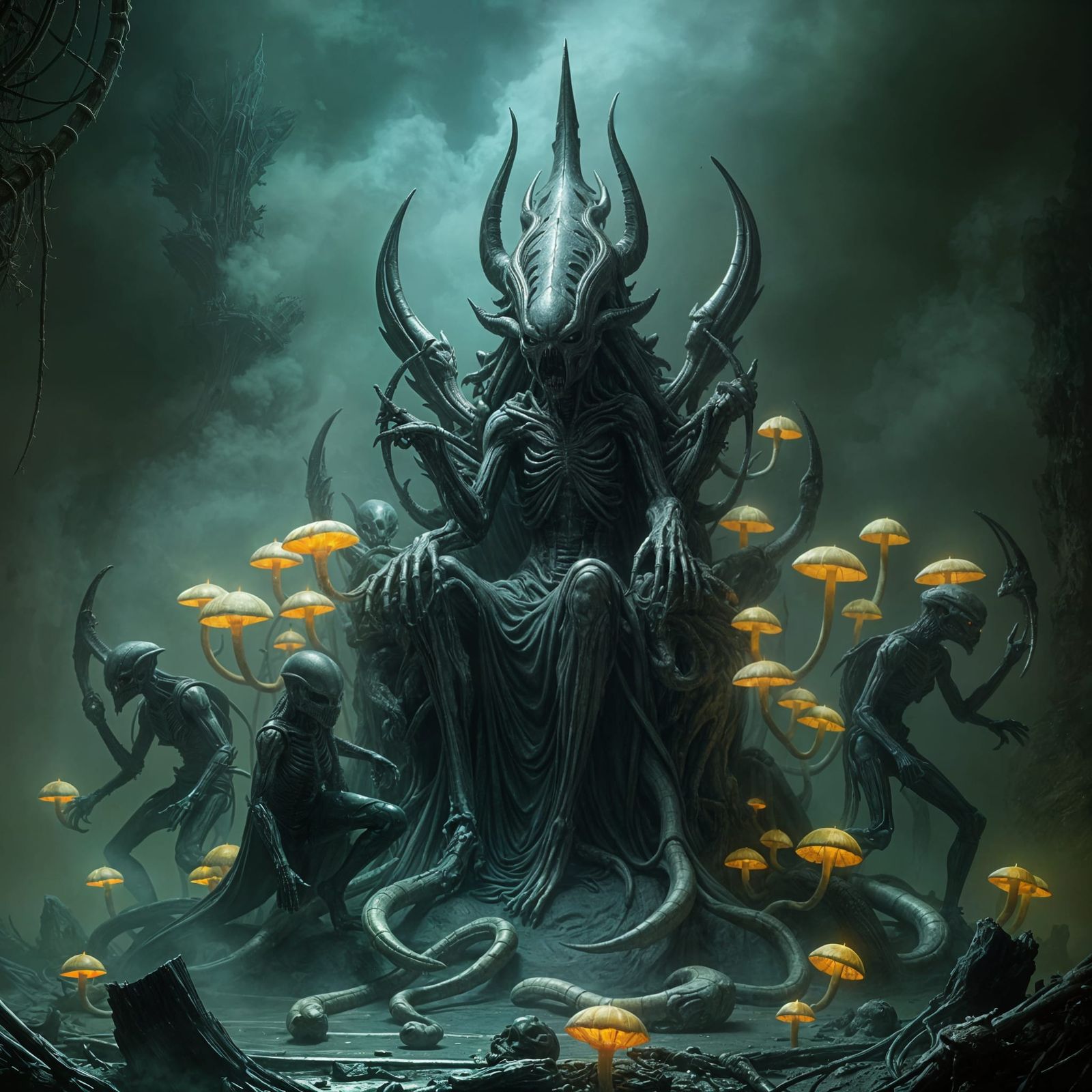Xenomorph Queen on Bone Throne in Dark Fantasy Style