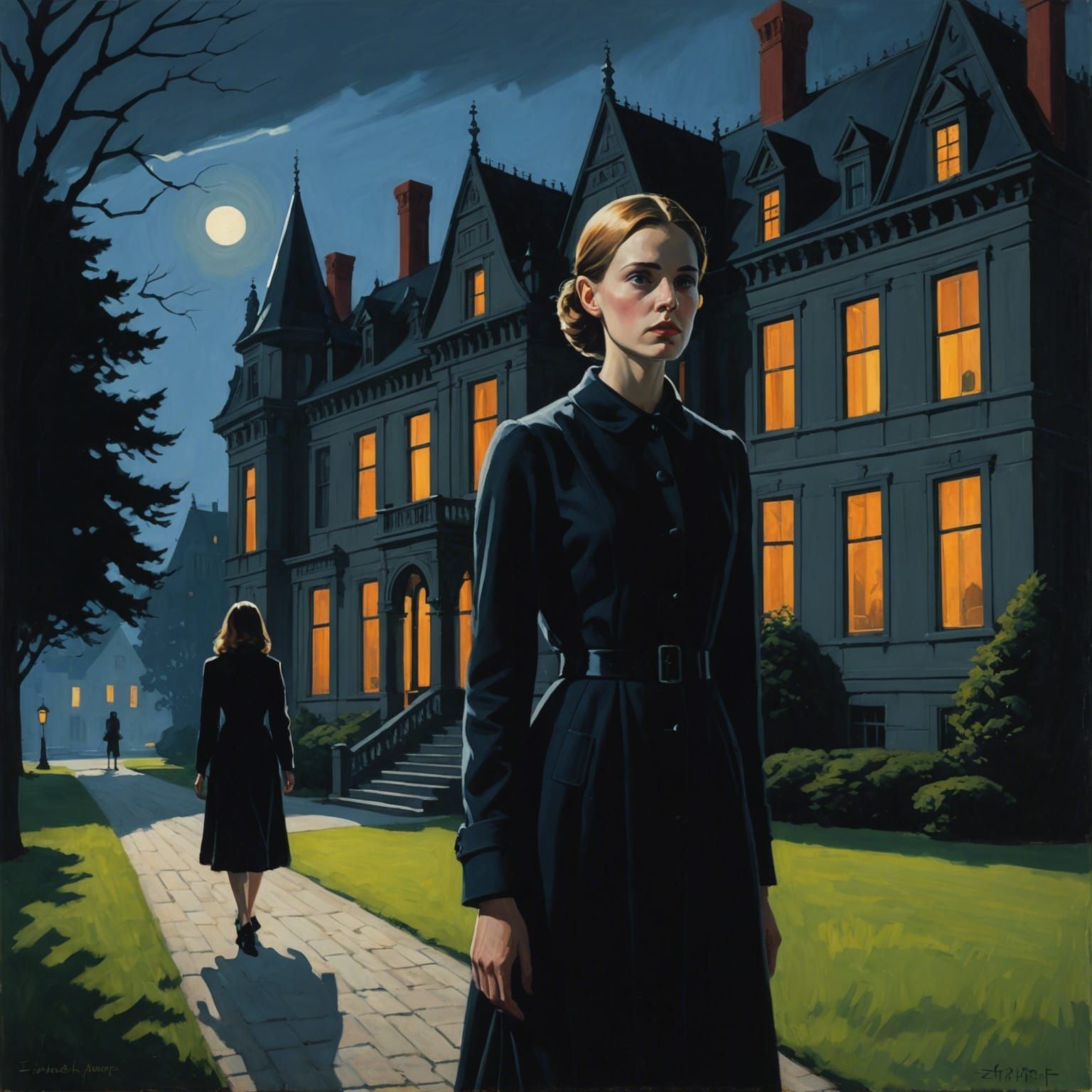 Emotional Farewell at Gothic Manor in Ominous Light