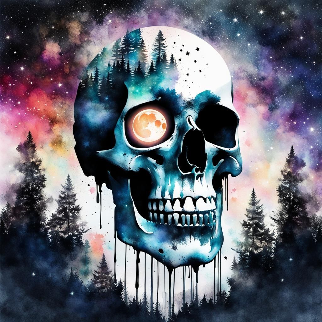 Skull and Galaxy Double Exposure Watercolor Art