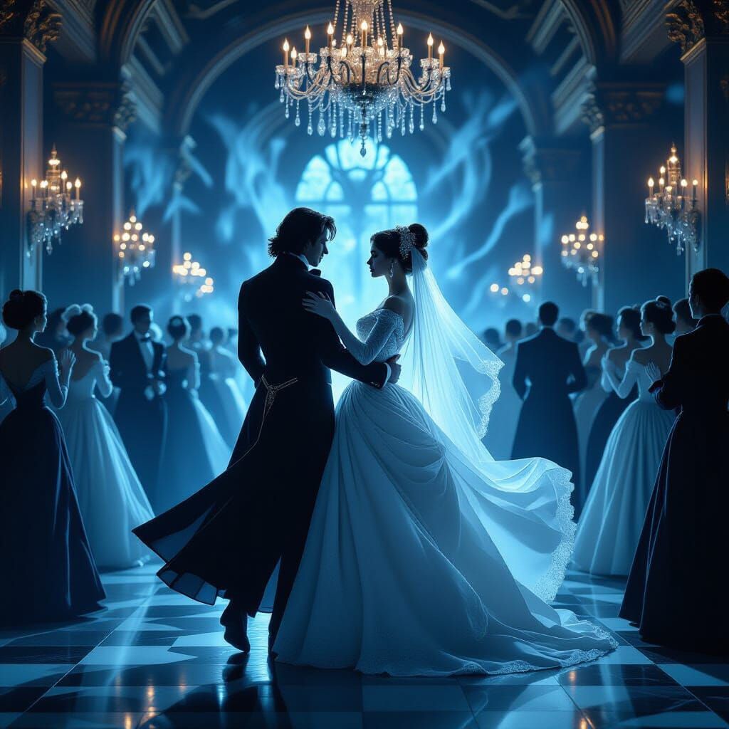Ghostly Couple Waltzing in Spooky Ballroom