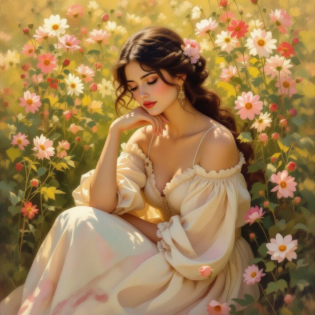 Woman in Painterly Gown Among Blooming Flowers in Sunlit Gar...