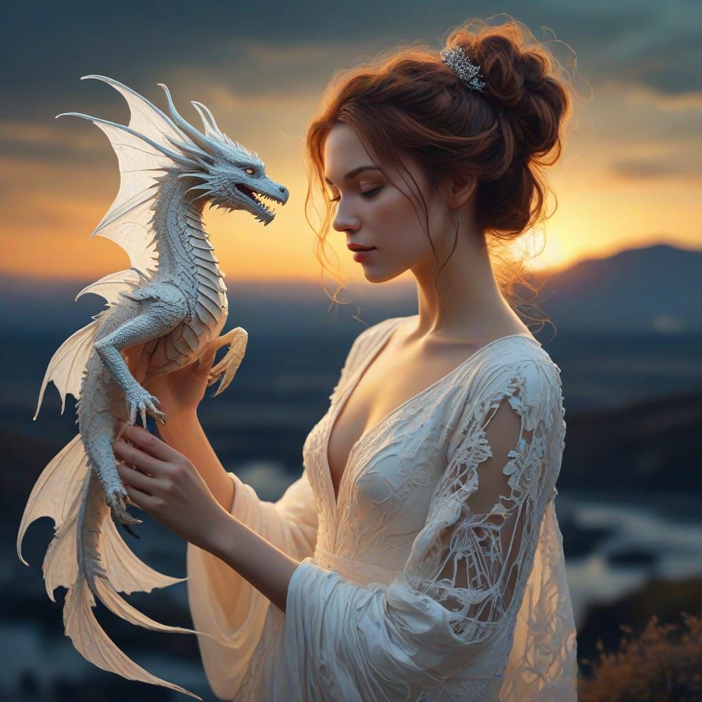 Surreal Goddess Enchants with Tiny Sparkling Dragon in Sunse...