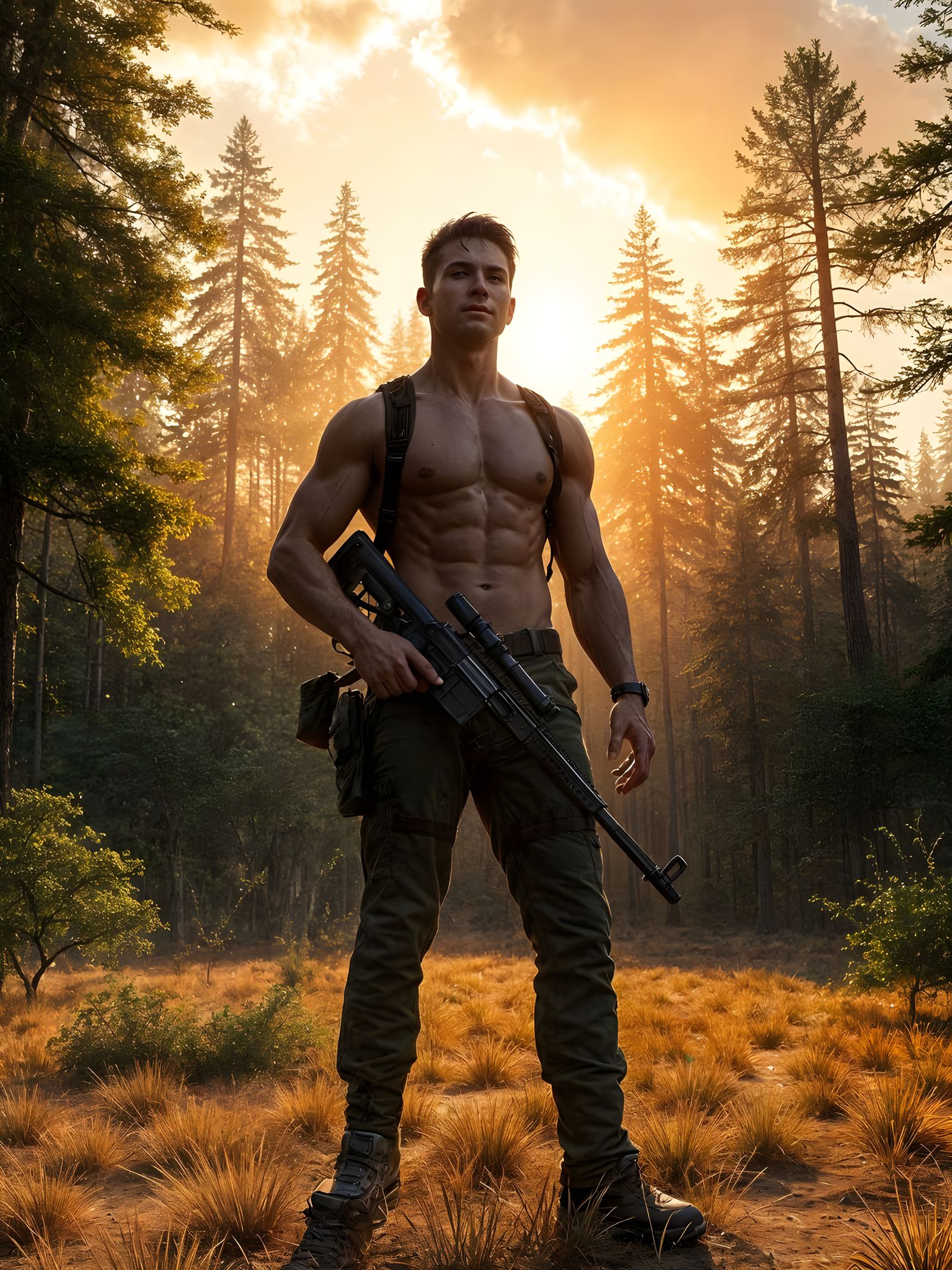 Strong Hunter in a Sunlit Clearing, Fantasy Concept Art