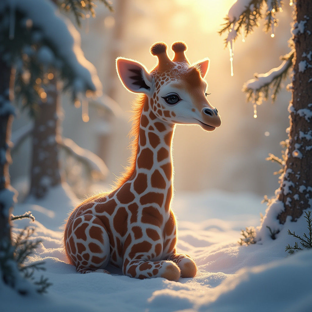 Mystical Giraffe in Winter Forest: Dreamlike Photorealism