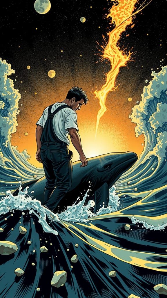 Man Washing Whale in Hyperdetailed Graphic Novel Style