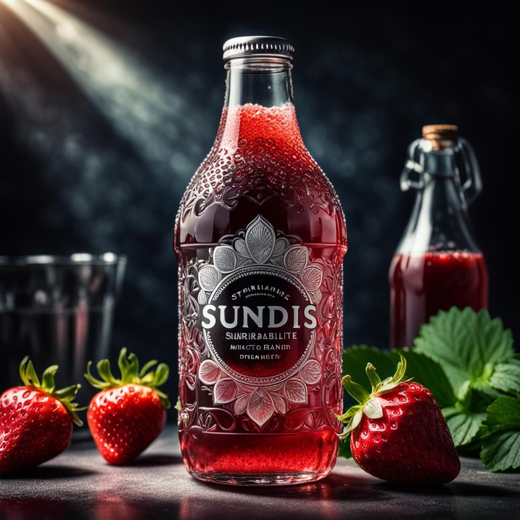 Hyperrealistic Sparkling Strawberry Juice Bottle Still Life