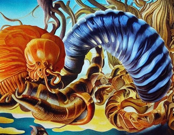 Surreal Sea Snail and Jellyfish in Vivid Oil Painting