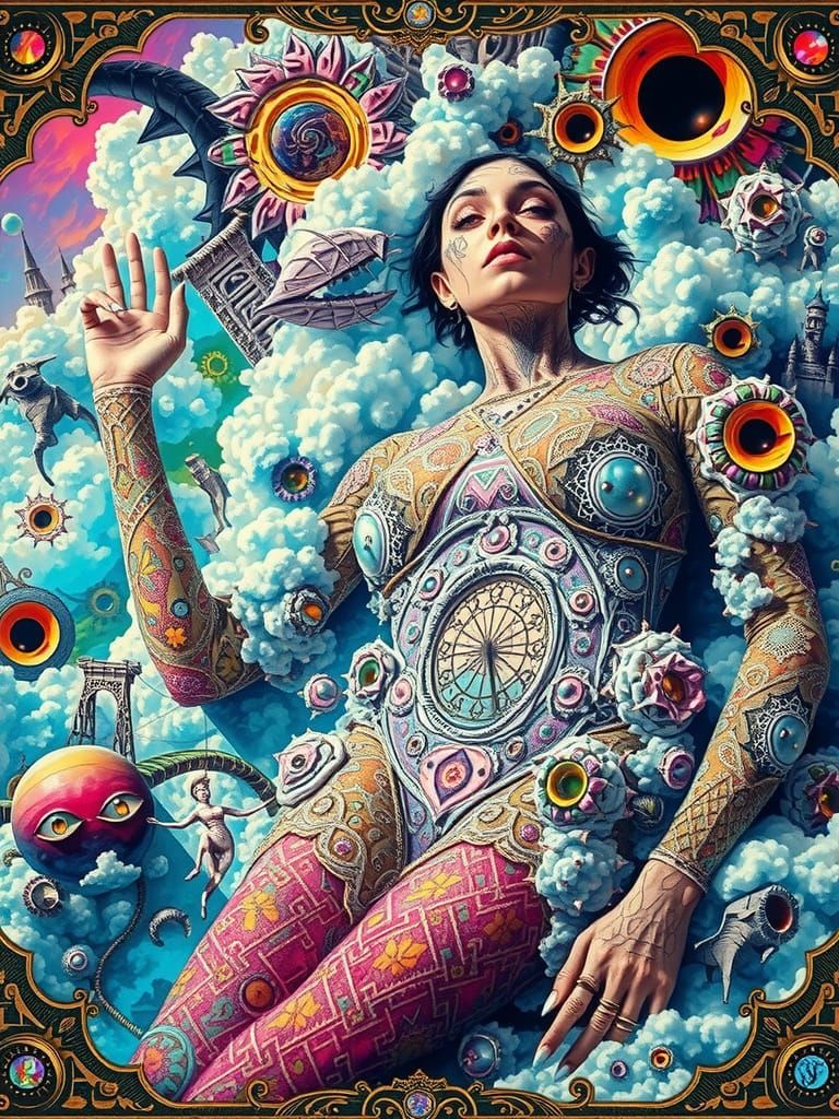 A large woman with an enigmatic gaze, her features softly blurred, juxtaposed with a colossal, glowing eyeball, its iris...