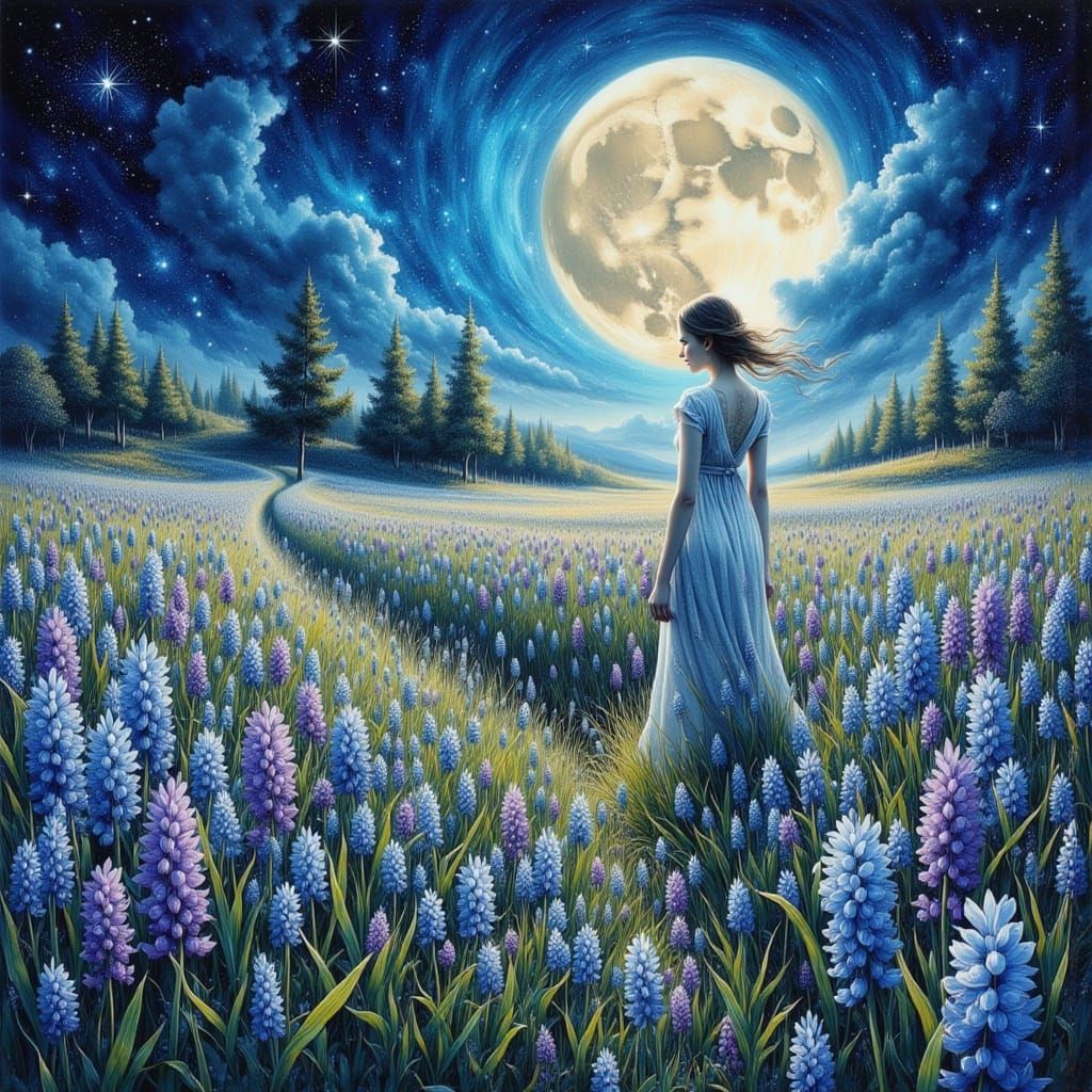Woman in Hyacinth Field Under Cosmic Moon