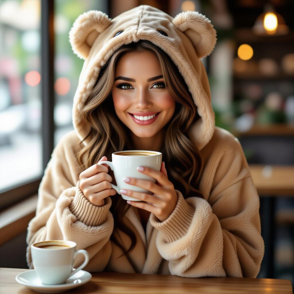 Woman in Teddy Bear Suit Drinks Coffee