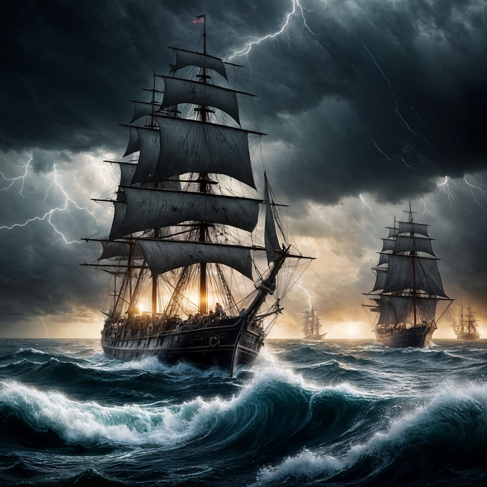 Turbulent Naval Clash in Golden Light