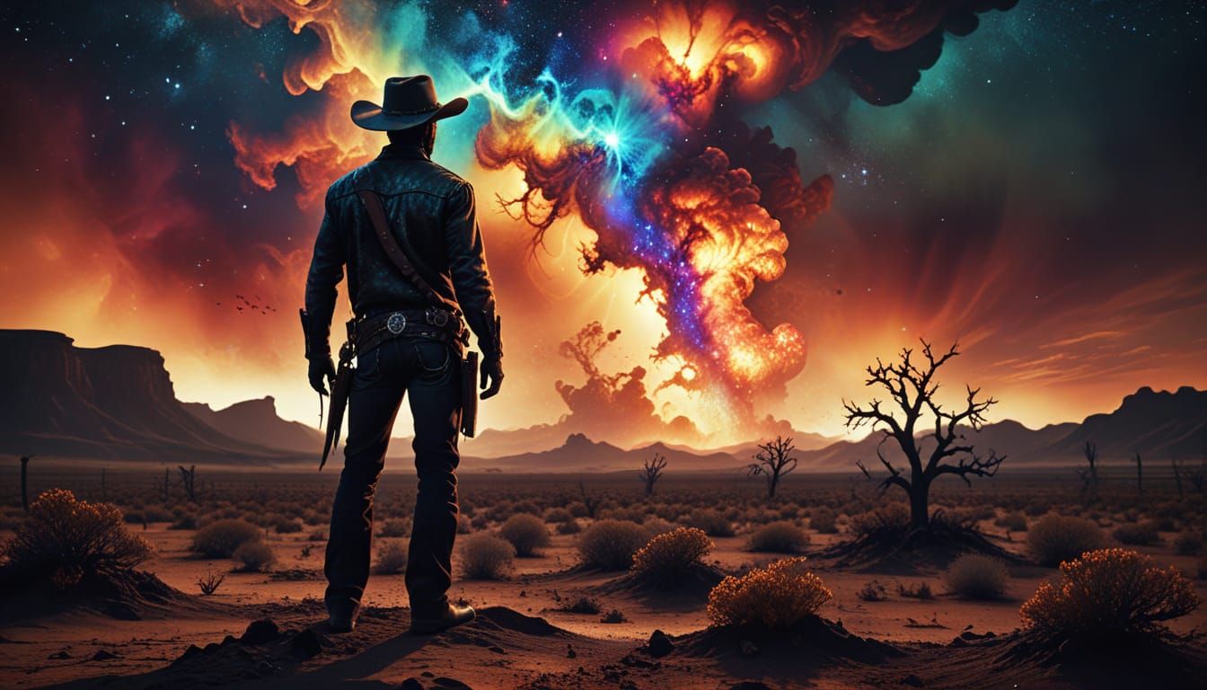 Lone Cowboy Under Nebulae in Alcohol Ink Style