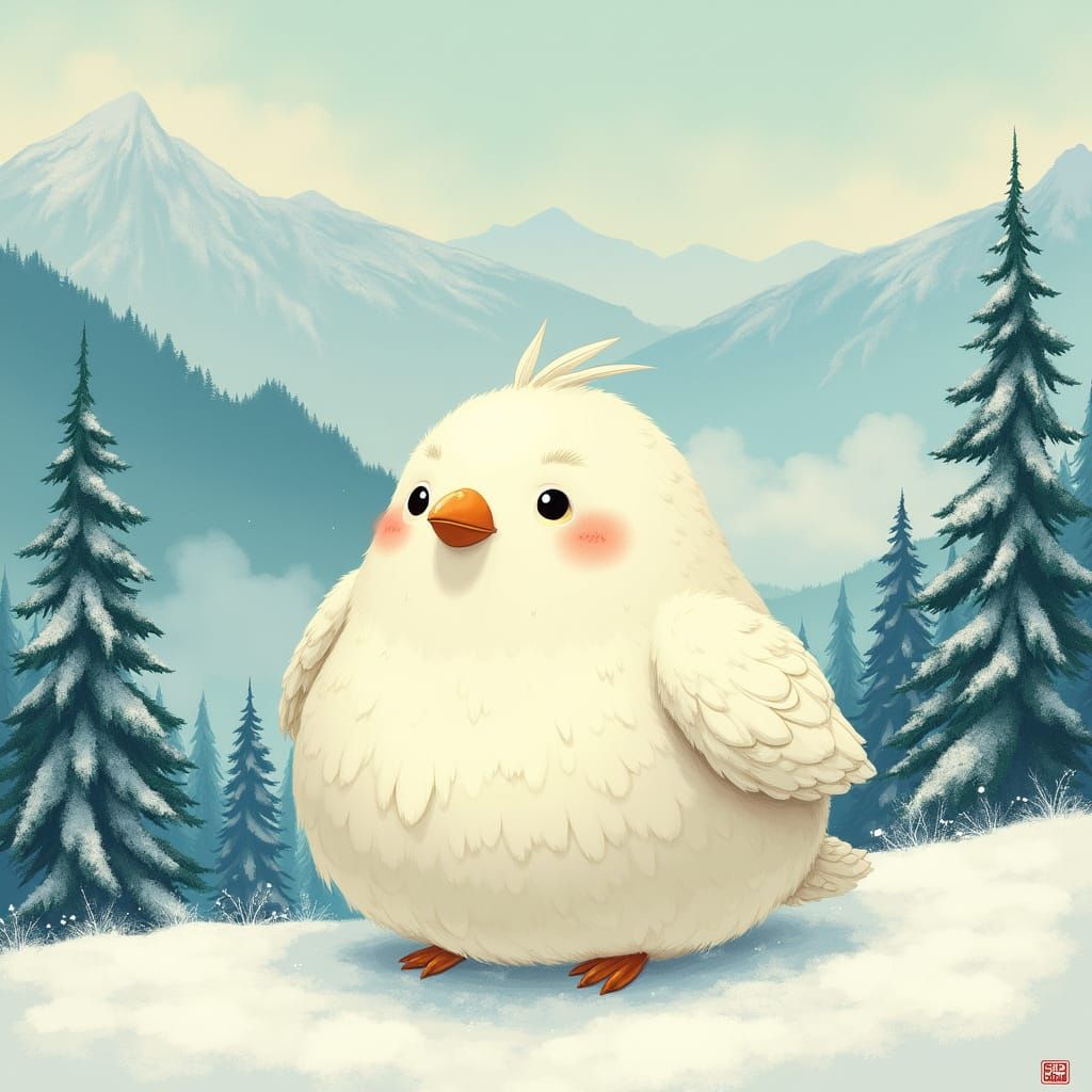 Whimsical Japanese Snow Fairy Bird in Winter Landscape