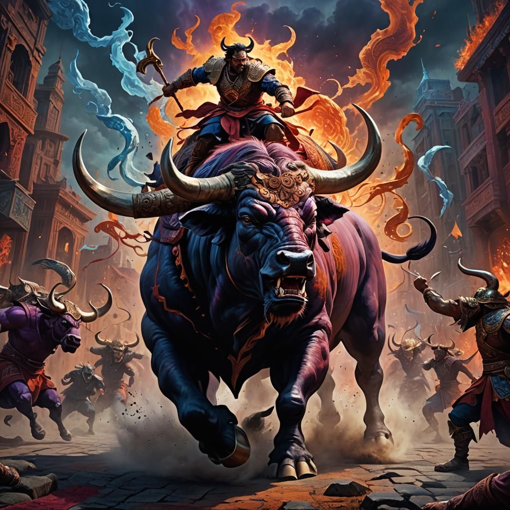 Menacing Rider on Ferocious Bull: Dark Fantasy Concept Art