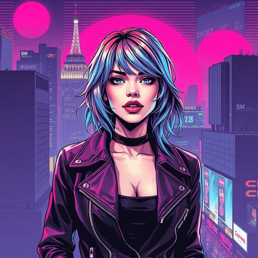 Synthwave Goddess in Retro Cityscape