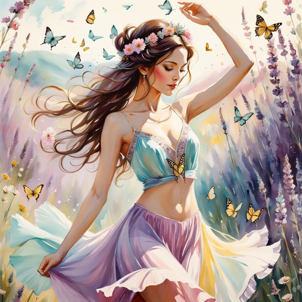 Bohemian Woman in Pastel Flower Valley