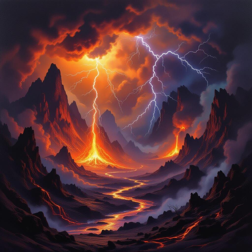Cataclysmic Fantasy Landscape in Dramatic Oil Style