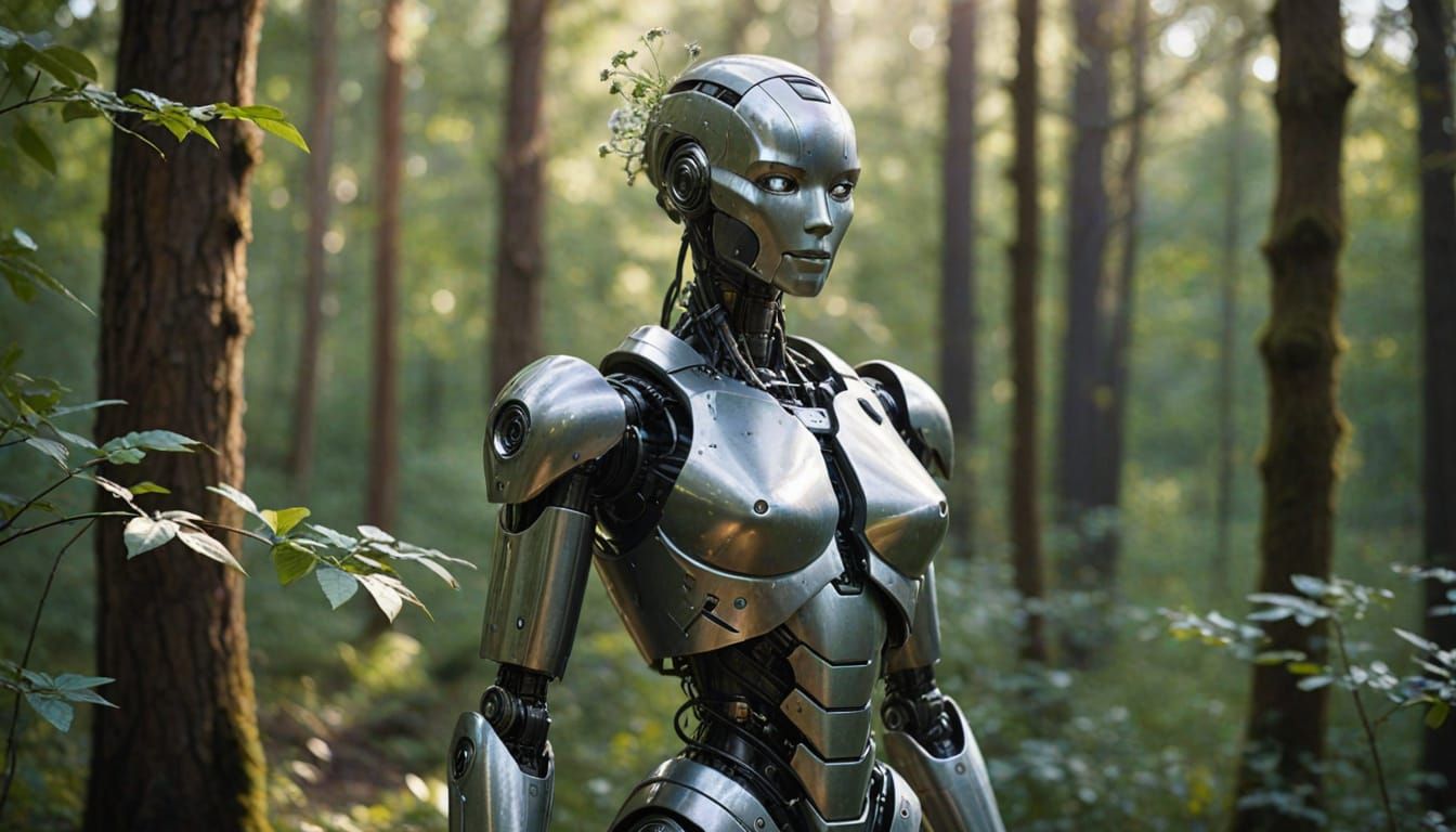 Curvaceous Robot Goddess in Whimsical Forest