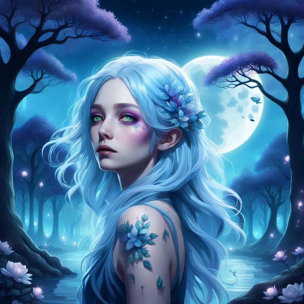 Mystical Being in Moonlit Grove: Ethereal Concept Art